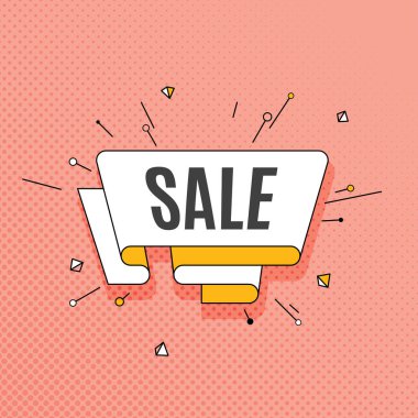 Satılık. Retro tasarım öğesi pop sanat tarzı renkli yarı ton üzerinde