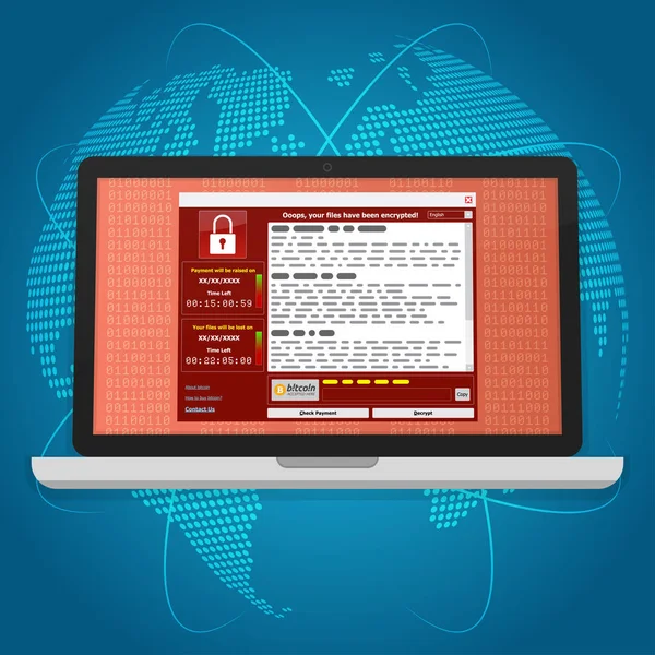 Virus Malware Ransomware wannacry crypté vos fichiers et requi — Image vectorielle