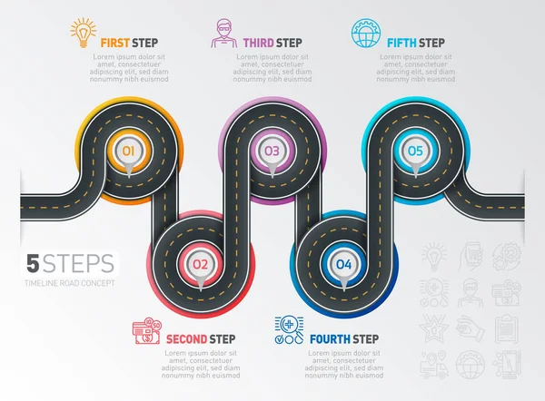 Navigációs Térkép infographic 5 lépéseket ütemterv fogalma. Kanyargós roa — Stock Vector