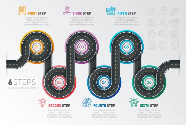 Navigatie kaart infographic 6 stappen tijdlijn concept. Kronkelende roa — Stockvector