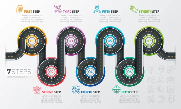 Carte de navigation infographie Concept de chronologie en 7 étapes. Enroulement roa — Image vectorielle