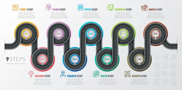 Carte de navigation infographie Concept de chronologie en 9 étapes. Enroulement roa — Image vectorielle