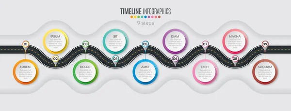 Carte de navigation infographie Concept de chronologie en 9 étapes. Enroulement roa — Image vectorielle