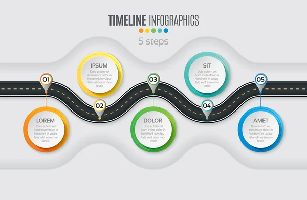 Carte de navigation infographie Concept de chronologie en 5 étapes. Enroulement roa — Image vectorielle