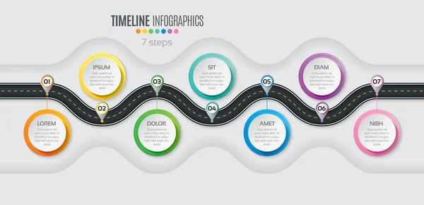 Carte de navigation infographie Concept de chronologie en 7 étapes. Enroulement roa — Image vectorielle
