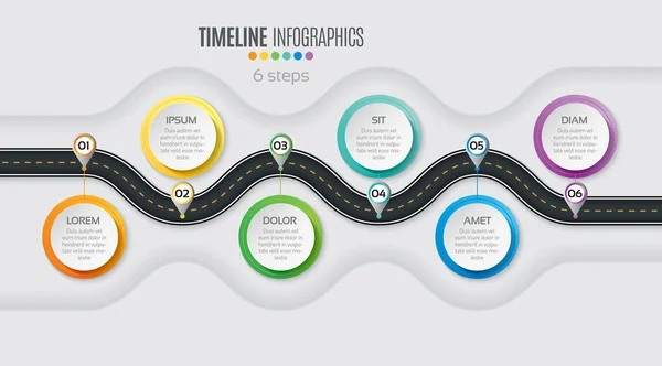 Navigation map infographic 6 steps timeline concept. Winding roa — Stock Vector