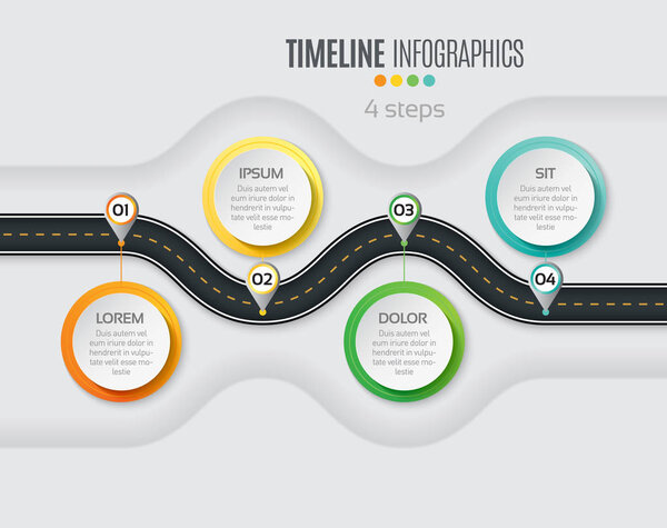 Navigation map infographic 4 steps timeline concept. Winding roa