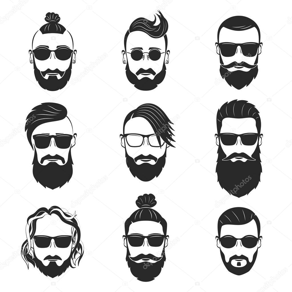Set of 9 hipsters bearded men with different hairstyles, mustach