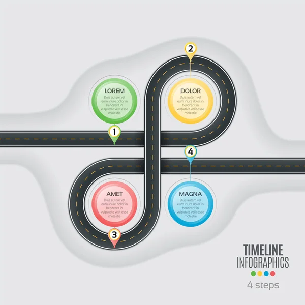 Carte de navigation infographie Concept de chronologie en 4 étapes. Enroulement roa — Image vectorielle