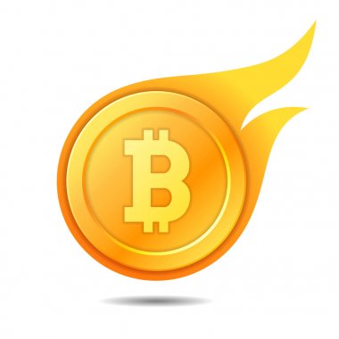 Yanan bitcoin simge, simge, işaret, amblem. Vektör çizim.