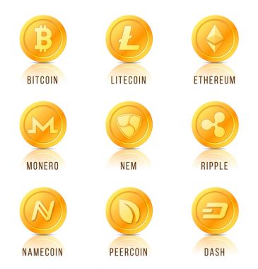 Cryptocurrency para semboller, simgeler, işaretler, amblem seti.