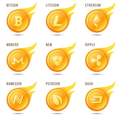 Yanan cryptocurrency sikke semboller, simgeler, işaretler, amblem seti