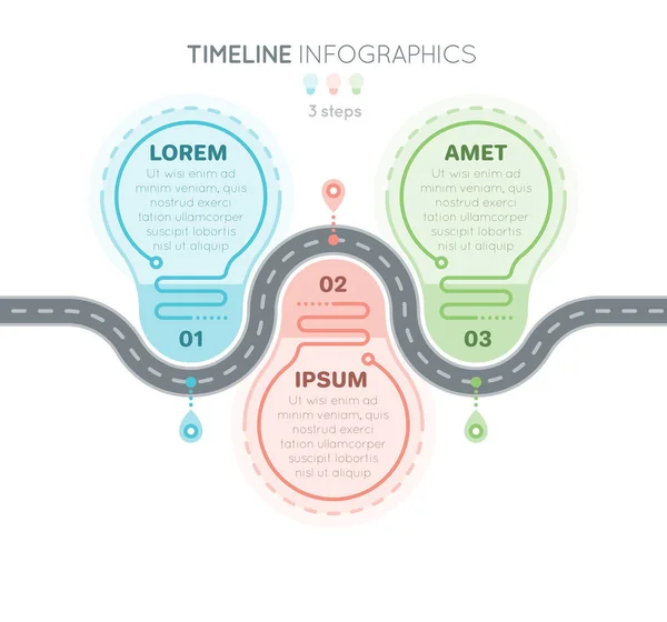 Infografías del mapa de navegación 3 pasos concepto de línea de tiempo. Creativo f — Vector de stock