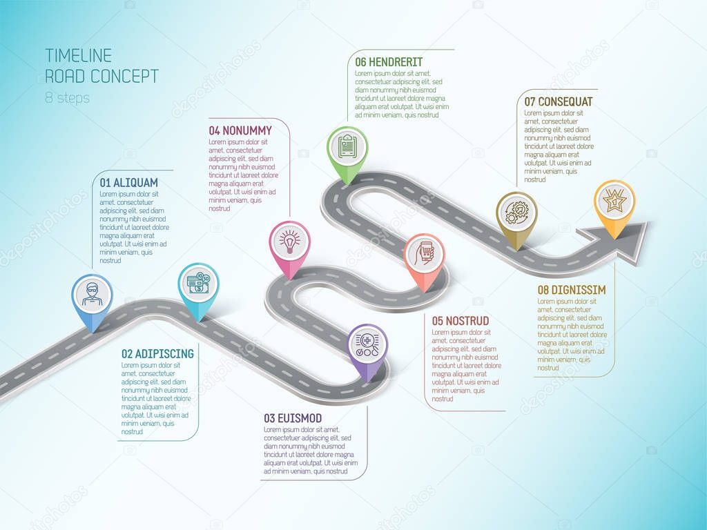 Isometric navigation map infographic 8 steps timeline concept. W