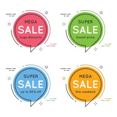 Düz daire konuşma balonu kümesi şeklinde afiş, fiyat etiketleri, Şti