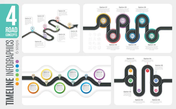 Mapa de navegación 6 pasos conceptos de infografía de línea de tiempo. 4 bobinado — Vector de stock