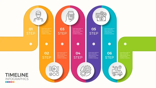 Vecteur 6 étapes enroulement coloré chronologie infographie modèle — Image vectorielle