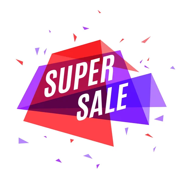 Γεωμετρική πολύχρωμο πανό Super Sale, συννεφάκι ομιλίας για αγορά — Διανυσματικό Αρχείο