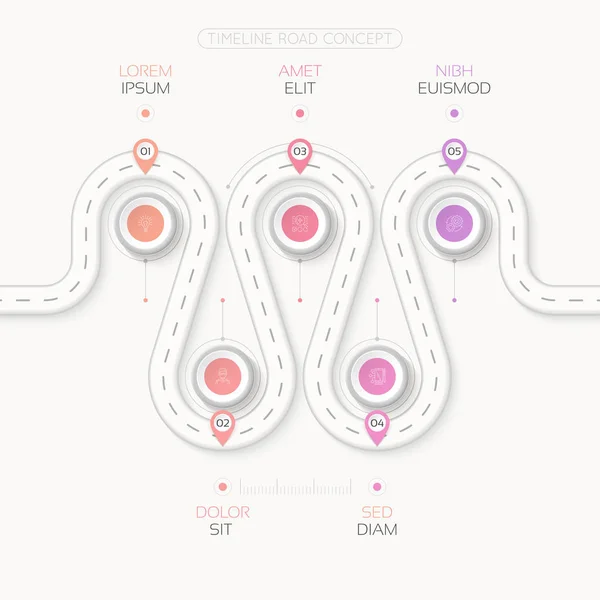 네비게이션 지도 infographic 5 단계 타임 라인 개념입니다. 굴곡 위 — 스톡 벡터