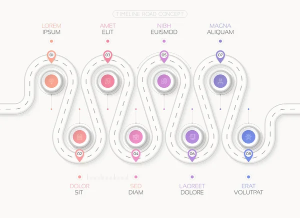 Navigatie kaart infographic 8 stappen tijdlijn concept. Kronkelende whi — Stockvector