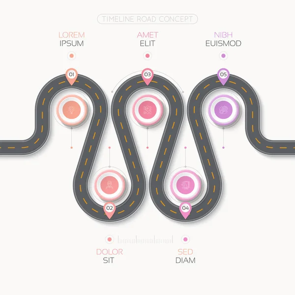 Navigatie kaart infographic 5 stappen tijdlijn concept. Kronkelende roa — Stockvector