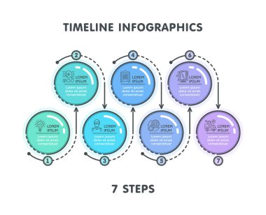 Modern 7 adımlar zaman çizelgesi Infographic şablonu. Doğrusal düz stil 