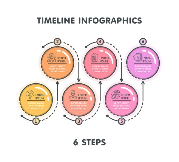 Plantilla de infografía de línea de tiempo moderna de 6 pasos. Estilo lineal plano — Vector de stock