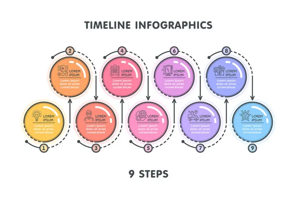 Modèle infographique moderne en 9 étapes. Style linéaire plat — Image vectorielle