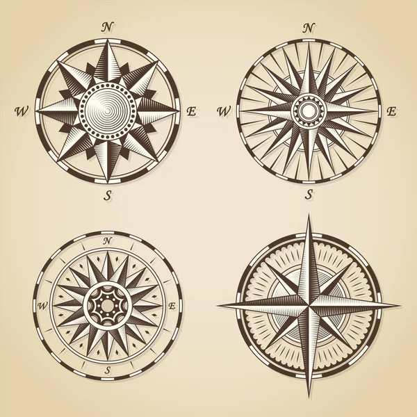 Set de antiguas rosas de brújula náuticas antiguas vintage. Signos vectoriales — Archivo Imágenes Vectoriales