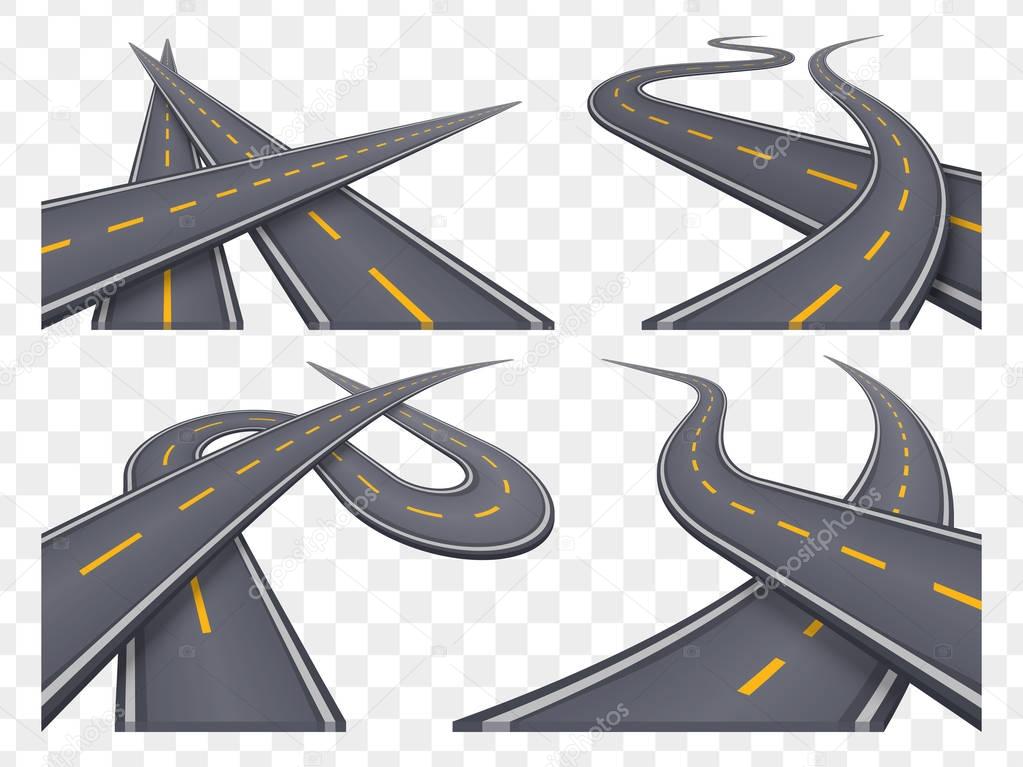 Set of 9 asphalt road concepts in perspective. Highway icons