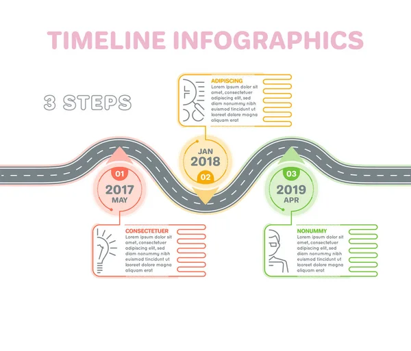 Infografías del mapa de navegación 3 pasos concepto de línea de tiempo. Creativo f — Vector de stock