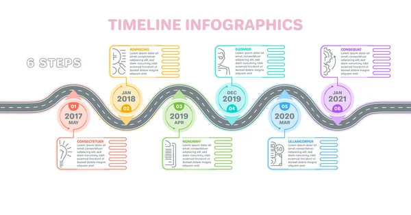 Infografías del mapa de navegación 6 pasos concepto de línea de tiempo. Creativo f — Vector de stock