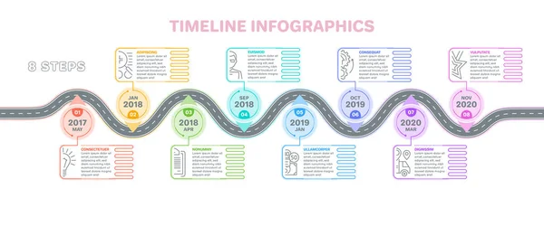 Infografías del mapa de navegación 8 pasos concepto de línea de tiempo. Creativo f — Vector de stock