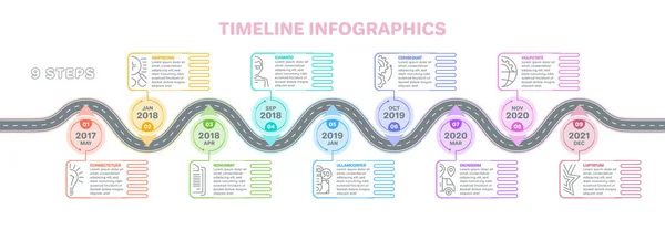 Infografías del mapa de navegación 9 pasos concepto de línea de tiempo. Creativo f — Vector de stock