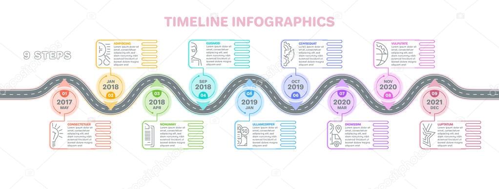 Navigation map infographics 9 steps timeline concept. Creative f