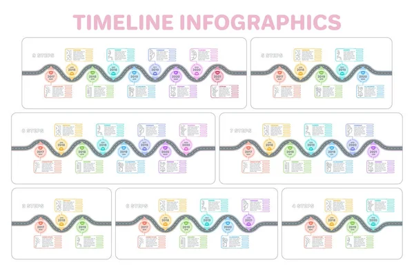 Carte de navigation infographie Concept de chronologie en 3 à 9 étapes. Créatif — Image vectorielle