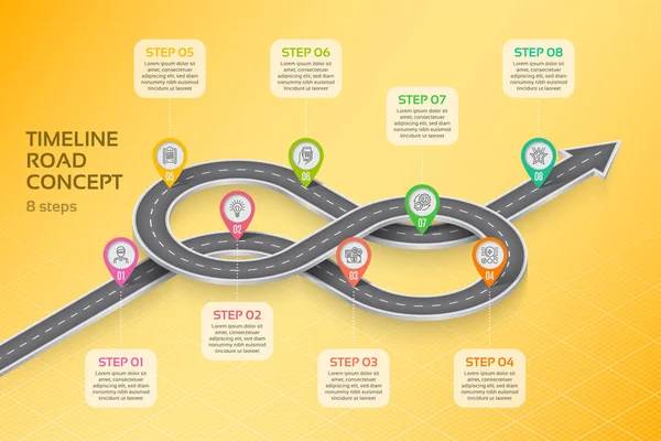 Carte de navigation isométrique infographie Concept de chronologie en 8 étapes — Image vectorielle