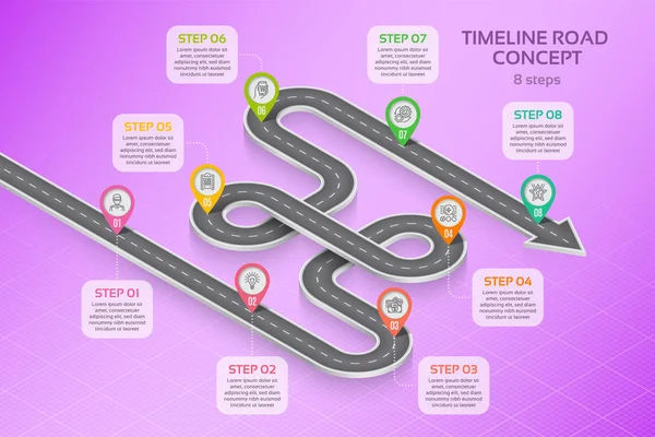 Isometric navigation map infographic 8 steps timeline concept — Stock Vector