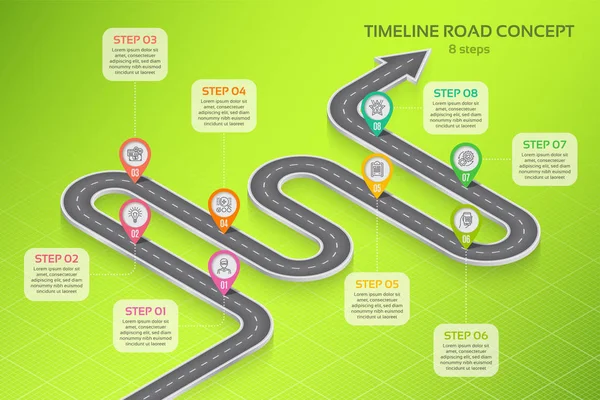 Isométrico mapa de navegación infografía 8 pasos cronología concepto — Vector de stock