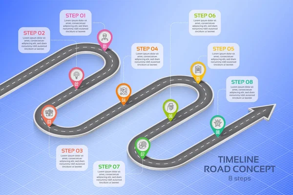 Isometrische navigatie kaart infographic 8 stappen tijdlijn concept — Stockvector