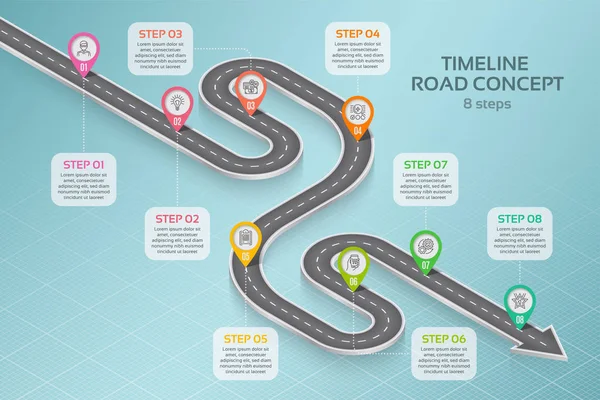 Isometric navigation map infographic 8 steps timeline concept — Stock Vector