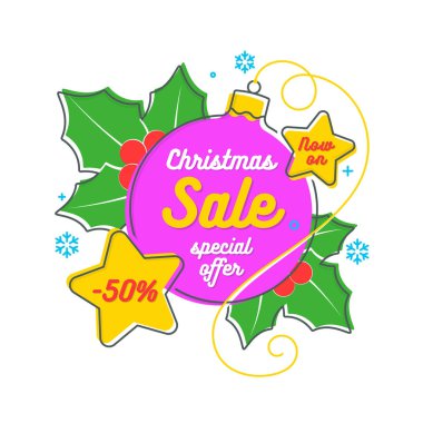 Düz doğrusal Noel afiş, kaydırma, etiket, indirim, yeni yıl sa