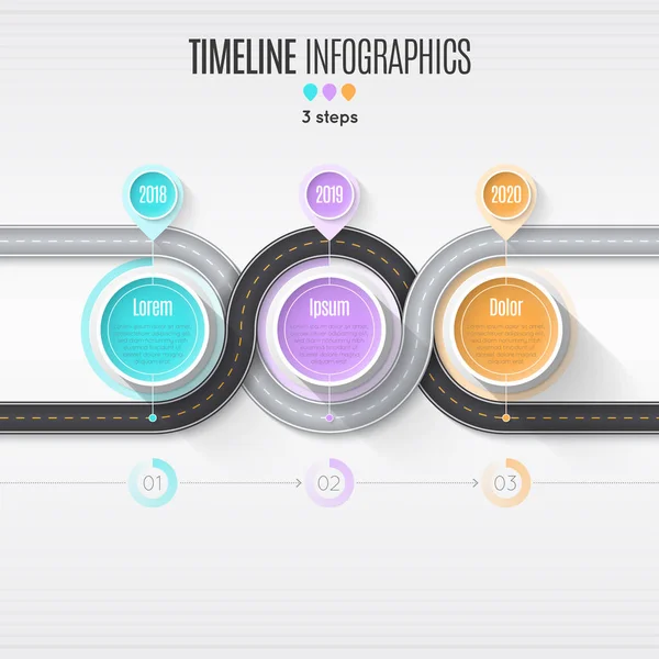 Carte de navigation infographie Concept de chronologie en 3 étapes. Enroulement roa — Image vectorielle