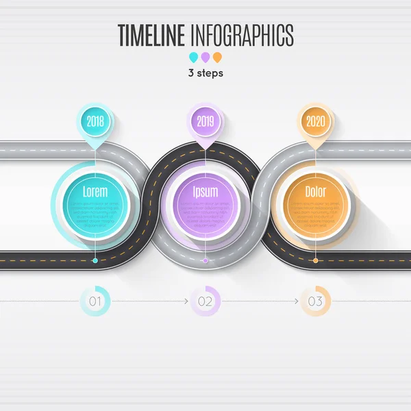 Mapa de navegación infografía Concepto de línea de tiempo de 3 pasos. Bobinado roa — Vector de stock