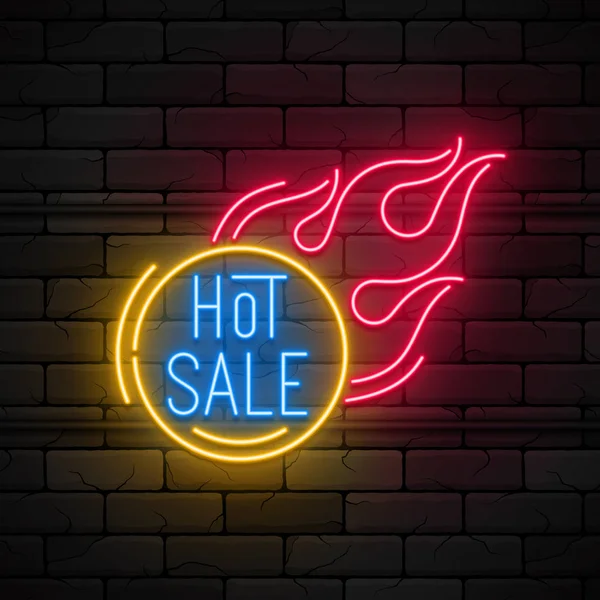 Neon-Licht heißen Verkauf Werbebanner, Preisschild, Rabatt — Stockvektor