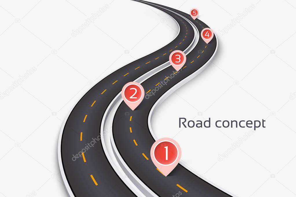 Winding 3D road concept on a white background. Timeline template
