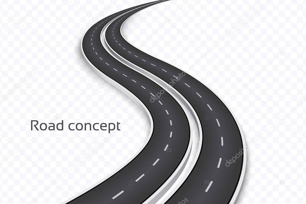 Winding 3D road concept on a transparent background. Timeline te