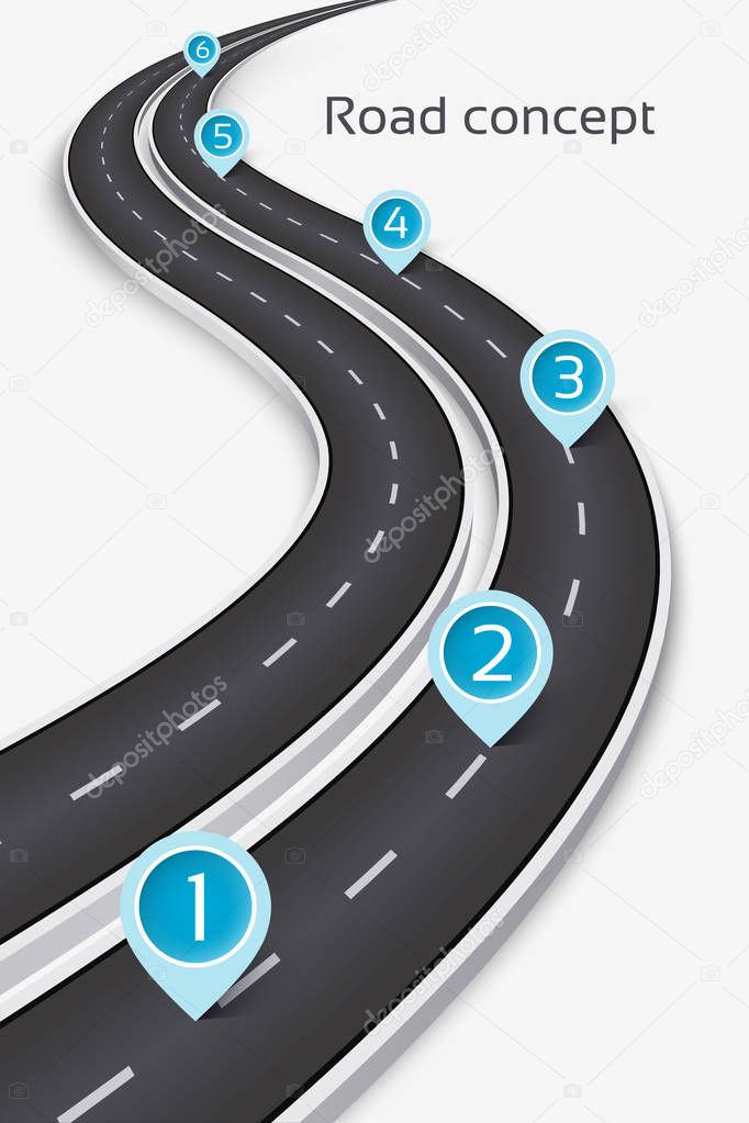 Winding 3D road concept on a white background. Timeline templat
