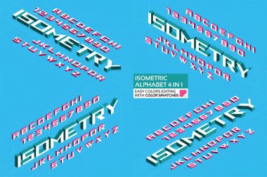 Isometric alphabet 4 in 1. 3d letters and numbers clipart