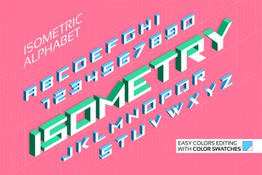 İzometrik alfabe. 3D harf ve rakam